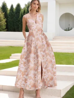 Floral Brocade Jacquard Cocktail Dresses Elegant Dress Formal Semi Forml Wedding Ankle Length Sleeveless V Neck with Slit