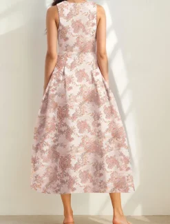 Floral Brocade Jacquard Cocktail Dresses Elegant Dress Formal Semi Forml Wedding Ankle Length Sleeveless V Neck with Slit