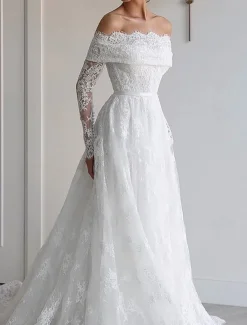 Floral Chantilly Lace Applique Beach Wedding Dress Elegant Off Shoulder Boho Wedding Dresses A-Line Long Sleeve Chapel Train Bridal Gowns Scalloped Hems with Satin Belt 2025