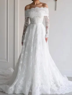 Floral Chantilly Lace Applique Beach Wedding Dress Elegant Off Shoulder Boho Wedding Dresses A-Line Long Sleeve Chapel Train Bridal Gowns Scalloped Hems with Satin Belt 2025
