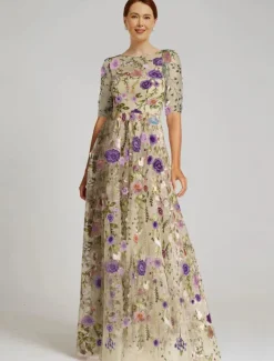 Floral Embroidered A-Line Mother of the Bride Dress Formal Elegant Vintage Illusion Neck Floor Length Tulle Half Sleeve with Appliques Flower