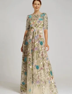 Floral Embroidered A-Line Mother of the Bride Dress Formal Elegant Vintage Illusion Neck Floor Length Tulle Half Sleeve with Appliques Flower