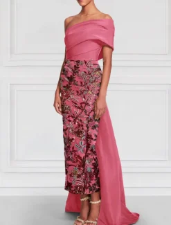 Floral Embroidered Column Evening Gown Elegant Dress Formal Wedding Floor Length Short Sleeve Off Shoulder Satin with Slit