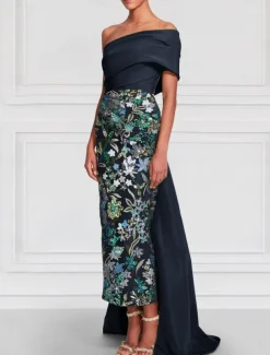 Floral Embroidered Column Evening Gown Elegant Dress Formal Wedding Floor Length Short Sleeve Off Shoulder Satin with Slit