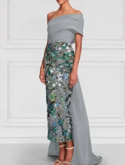 Floral Embroidered Column Evening Gown Elegant Dress Formal Wedding Floor Length Short Sleeve Off Shoulder Satin with Slit