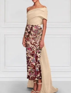 Floral Embroidered Column Evening Gown Elegant Dress Formal Wedding Floor Length Short Sleeve Off Shoulder Satin with Slit