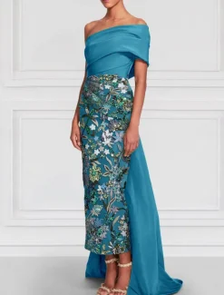 Floral Embroidered Column Evening Gown Elegant Dress Formal Wedding Floor Length Short Sleeve Off Shoulder Satin with Slit