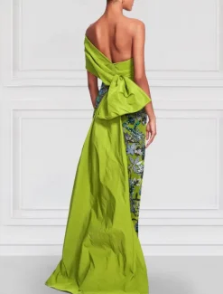 Floral Embroidered Column Evening Gown Elegant Dress Formal Wedding Floor Length Short Sleeve Off Shoulder Satin with Slit