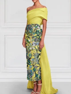 Floral Embroidered Column Evening Gown Elegant Dress Formal Wedding Floor Length Short Sleeve Off Shoulder Satin with Slit