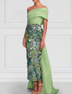 Floral Embroidered Column Evening Gown Elegant Dress Formal Wedding Floor Length Short Sleeve Off Shoulder Satin with Slit
