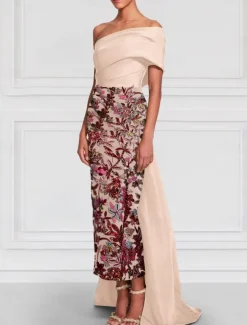 Floral Embroidered Column Evening Gown Elegant Dress Formal Wedding Floor Length Short Sleeve Off Shoulder Satin with Slit