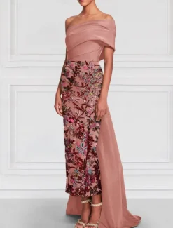 Floral Embroidered Column Evening Gown Elegant Dress Formal Wedding Floor Length Short Sleeve Off Shoulder Satin with Slit