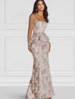 Floral Jacquard Dress Peplum Dress Mermaid / Trumpet Evening Gown Elegant Dress Formal Wedding Floor Length Strapless with Ruffles