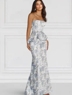 Floral Jacquard Dress Peplum Dress Mermaid / Trumpet Evening Gown Elegant Dress Formal Wedding Floor Length Strapless with Ruffles