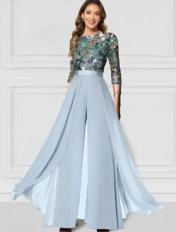 Floral Jumpsuit Embroidered Mother of the Bride Formal Wedding Elegant Vintage Illusion Neck Floor Length Chiffon Half Sleeve with Sequin Race Day Dress