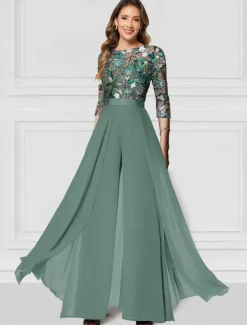 Floral Jumpsuit Embroidered Mother of the Bride Formal Wedding Elegant Vintage Illusion Neck Floor Length Chiffon Half Sleeve with Sequin Race Day Dress