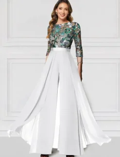 Floral Jumpsuit Embroidered Mother of the Bride Formal Wedding Elegant Vintage Illusion Neck Floor Length Chiffon Half Sleeve with Sequin Race Day Dress