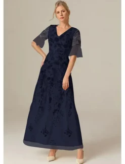 Floral Lace A-Line Embroidered Dress Beach Wedding Formal Mother of the Bride Elegant Vintage V Neck Ankle Length Tulle Short Sleeve with Appliques Flower