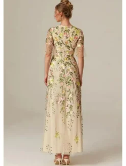 Floral Lace A-Line Embroidered Dress Beach Wedding Formal Mother of the Bride Elegant Vintage V Neck Ankle Length Tulle Short Sleeve with Appliques Flower