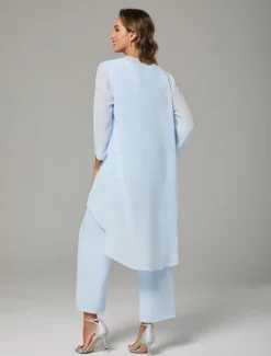 Floral Lace Pantsuit 3 Piece Mother of the Bride Wedding Embroidered Chiffon Long Sleeve Elegant Jewel Neck Floor Length Wrap