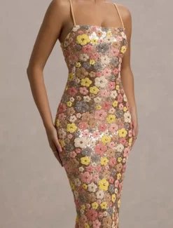 Floral Sequin Mermaid / Trumpet Prom Dresses Elegant Dress Semi Formal Wedding Guest Floor Length Sleeveless StraplessDress