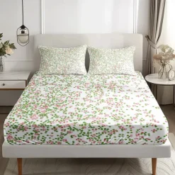 Floral Spring Fitted Sheet Set Ultra Soft Breathable 100% Cotton Silky Bed Sheets Deep Pocket Bedding Sheets 3 Piece Queen King Size