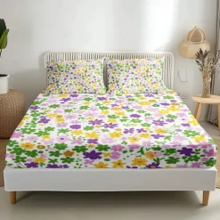 Floral Spring Fitted Sheet Set Ultra Soft Breathable 100% Cotton Silky Bed Sheets Deep Pocket Bedding Sheets 3 Piece Queen King Size