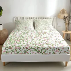 Floral Spring Fitted Sheet Set Ultra Soft Breathable 100% Cotton Silky Bed Sheets Deep Pocket Bedding Sheets 3 Piece Queen King Size