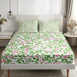 Floral Spring Fitted Sheet Set Ultra Soft Breathable 100% Cotton Silky Bed Sheets Deep Pocket Bedding Sheets 3 Piece Queen King Size