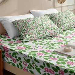 Floral Spring Fitted Sheet Set Ultra Soft Breathable 100% Cotton Silky Bed Sheets Deep Pocket Bedding Sheets 3 Piece Queen King Size