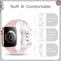 Flower Engraved Compatible with Apple Watch band 38mm 40mm 41mm 42mm 44mm 45mm 49mm Rugged Butterfly Buckle Silicone Strap Replacement Wristband for iwatch Ultra 2 Series 9 8 7 SE 6 5 4 3 2 1