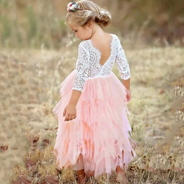 Flower Girl Dress Girls' Dress Party Dress Wedding Party Wedding Party Elegant Party Purple Lace Backless Solid Colored Long Sleeve Crew Neck White Pink 2-8 Years