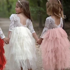 Flower Girl Dress Girls' Dress Party Dress Wedding Party Wedding Party Elegant Party Purple Lace Backless Solid Colored Long Sleeve Crew Neck White Pink 2-8 Years