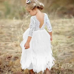 Flower Girl Dress Girls' Dress Party Dress Wedding Party Wedding Party Elegant Party Purple Lace Backless Solid Colored Long Sleeve Crew Neck White Pink 2-8 Years