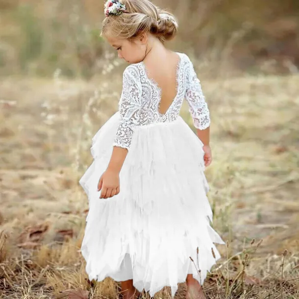 Flower Girl Dress Girls' Dress Party Dress Wedding Party Wedding Party Elegant Party Purple Lace Backless Solid Colored Long Sleeve Crew Neck White Pink 2-8 Years