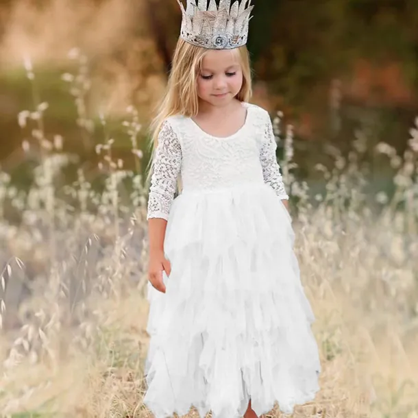 Flower Girl Dress Girls' Dress Party Dress Wedding Party Wedding Party Elegant Party Purple Lace Backless Solid Colored Long Sleeve Crew Neck White Pink 2-8 Years