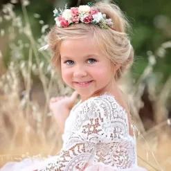 Flower Girl Dress Girls' Dress Party Dress Wedding Party Wedding Party Elegant Party Purple Lace Backless Solid Colored Long Sleeve Crew Neck White Pink 2-8 Years