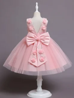 Flower Girl Dress Girls' Dress Party Dress Wedding Party Daily Cute Princess Embroidered Bow Butterfly Sleeveless Crew Neck White Pink 3-10 Years