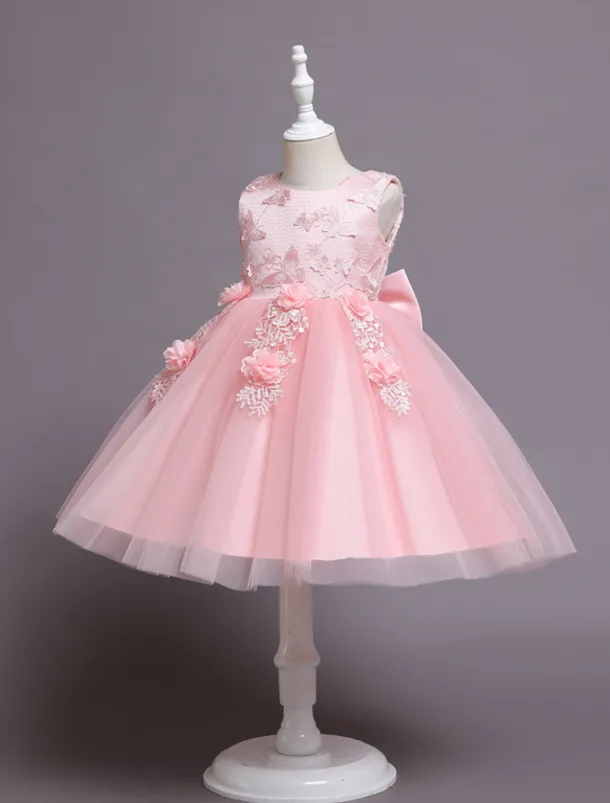 Flower Girl Dress Girls' Dress Party Dress Wedding Party Daily Cute Princess Embroidered Bow Butterfly Sleeveless Crew Neck White Pink 3-10 Years