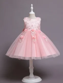 Flower Girl Dress Girls' Dress Party Dress Wedding Party Daily Cute Princess Embroidered Bow Butterfly Sleeveless Crew Neck White Pink 3-10 Years