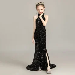 Flower Girl Dress Girls' Dress Evening Gown Party Dress Wedding Party Special Occasion Cute Princess Sequins Lace Plain Sleeveless Off Shoulder Black White
