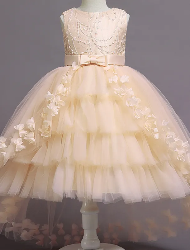 Flower Girl Dress Girls' Dress Party Dress Wedding Party Special Occasion Princess Sweet Mesh Embroidered Solid Colored Sleeveless Crew Neck White Pink 4 years+