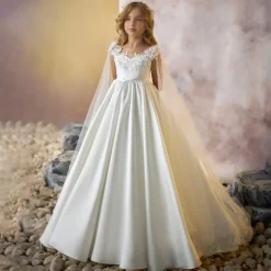 Flower Girl Dress Girls' Formal Dress First Communion Dress Party Dress Performance Wedding Party Princess Sweet Mesh Solid Color Sleeveless V Neck White kids