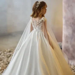 Flower Girl Dress Girls' Formal Dress First Communion Dress Party Dress Performance Wedding Party Princess Sweet Mesh Solid Color Sleeveless V Neck White kids