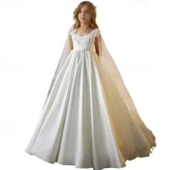 Flower Girl Dress Girls' Formal Dress First Communion Dress Party Dress Performance Wedding Party Princess Sweet Mesh Solid Color Sleeveless V Neck White kids