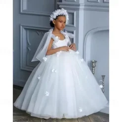 Flower Girl Dress Girls' First Communion Dress Party Dress Performance Wedding Party Princess Sweet Mesh Solid Color Sleeveless Off Shoulder White Pink kids