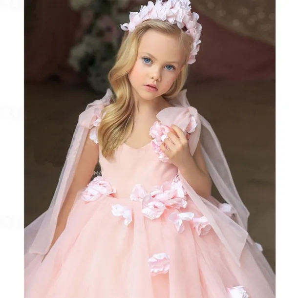 Flower Girl Dress Girls' First Communion Dress Party Dress Performance Wedding Party Princess Sweet Mesh Solid Color Sleeveless Off Shoulder White Pink kids