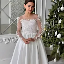 Flower Girl Dress Girls' First Communion Dress Party Dress Performance Wedding Party Princess Sweet Mesh Solid Color Sleeveless Crew Neck White kids