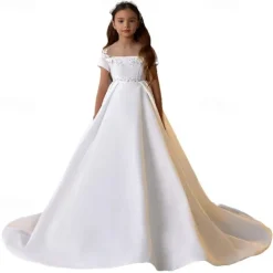 Flower Girl Dress Girls' First Communion Dress Party Dress Performance Wedding Party Princess Sweet Mesh Solid Color Sleeveless Off Shoulder Ivory kids