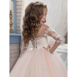 Flower Girl Dress Girls' Princess Dress First Communion Dress Party Dress Performance Wedding Party Princess Sweet Mesh Solid Color Long Sleeve Crew Neck White Ivory 2-12 Years